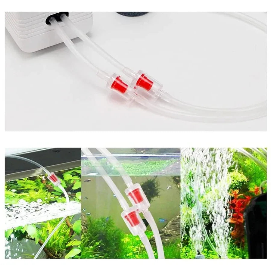 A clear plastic tubing with check valves is shown, demonstrating water flow in an aquarium setup.