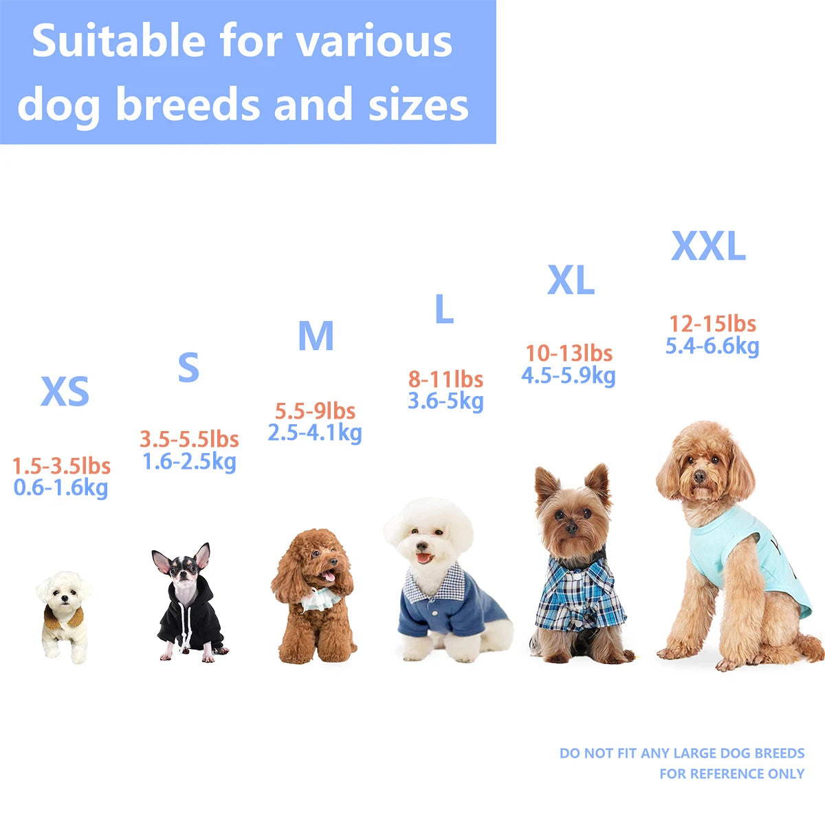 A guide showing various dog breeds and sizes from XS to XXL, with examples of small dogs wearing yellow duck pajamas.