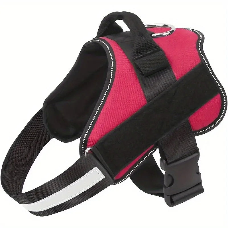 A pink and black adjustable dog vest harness with a handle and reflective stripes.