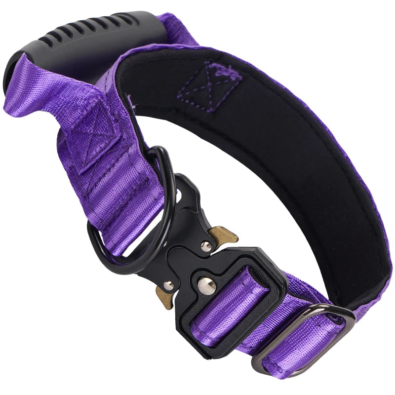 A purple tactical dog collar with a black nylon strap and buckle is shown against a white background.