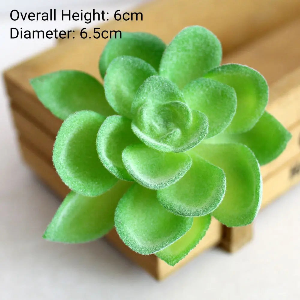 A vibrant green fake succulent plant with thick leaves is displayed on a wooden surface.
