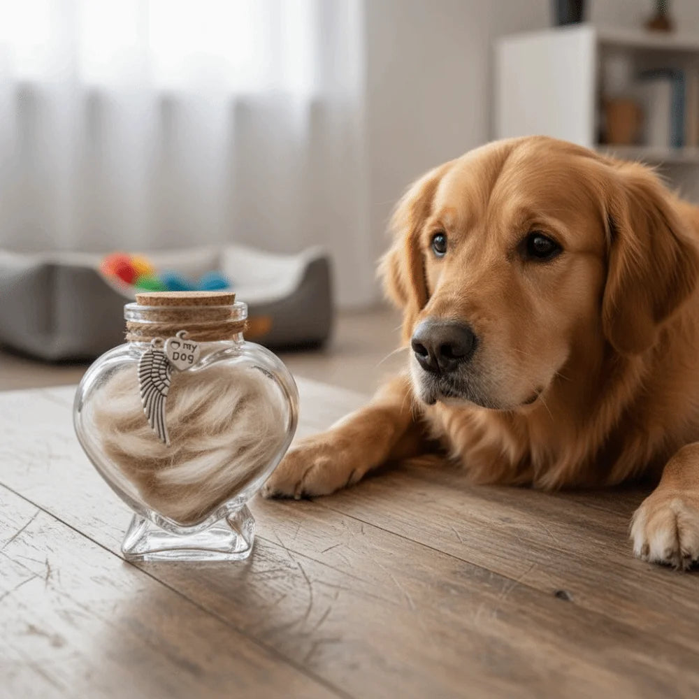 A golden retriever rests beside a glass jar filled with pet hair, used for storage.