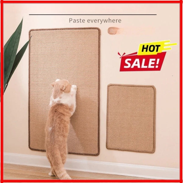 A natural sisal cat scratching board is shown mounted on a wall, with a cat interacting with it.