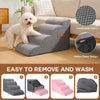 Graue, verstellbare Treppen und Rampen für Hunde und Katzen neben einem Sofa mit Detailaufnahmen des Designs und der Waschung