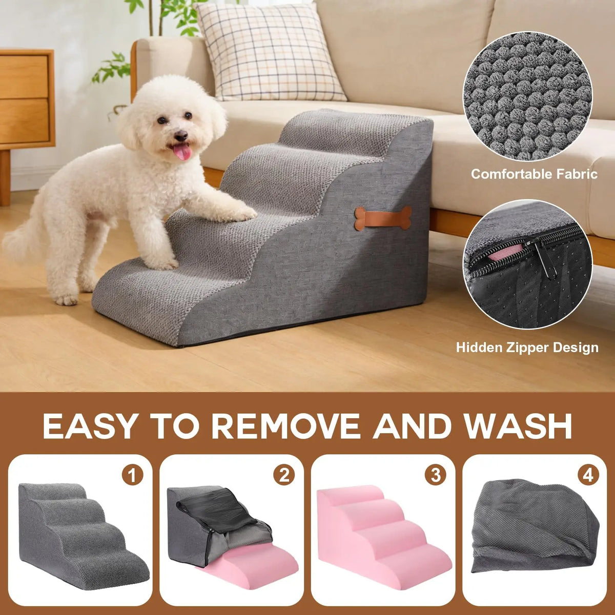 Graue, verstellbare Treppen und Rampen für Hunde und Katzen neben einem Sofa mit Detailaufnahmen des Designs und der Waschung