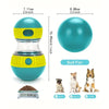 A blue and yellow interactive slow feeder dog toy with a snack dispenser shown next to various sized dogs.