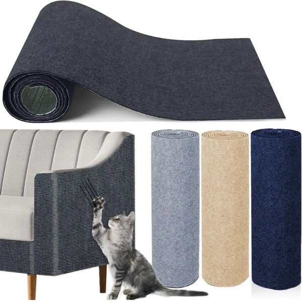 A roll of self-adhesive cat scratch mat for furniture protection shown next to a gray upholstered sofa and a cat.