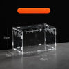 A clear acrylic reptile terrarium box with an orange light fixture and measurement lines.