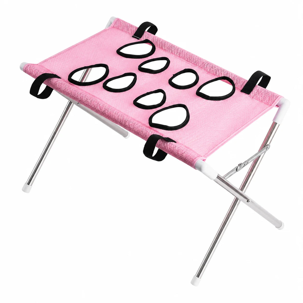 Hamac pliable rose pour toilettage d'animaux avec anneaux noirs pour bain et coupe des ongles