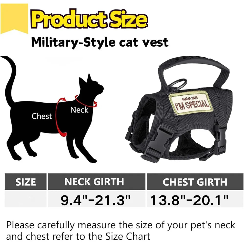 Military-style cat vest showing size measurements for neck and chest girths