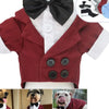 A maroon pet tuxedo jacket with a black bow tie and matching accessories for dogs and cats.