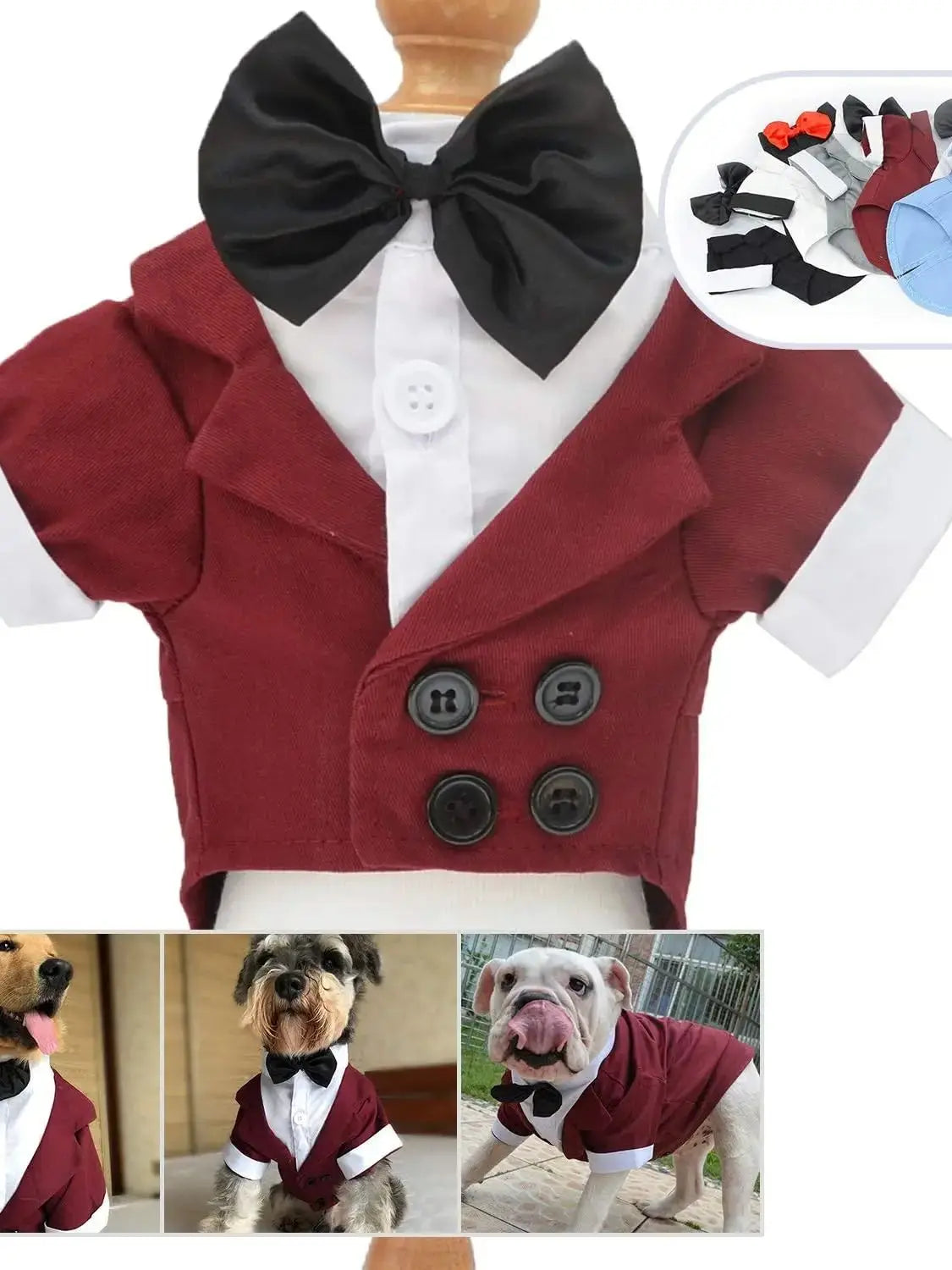 A maroon pet tuxedo jacket with a black bow tie and matching accessories for dogs and cats.