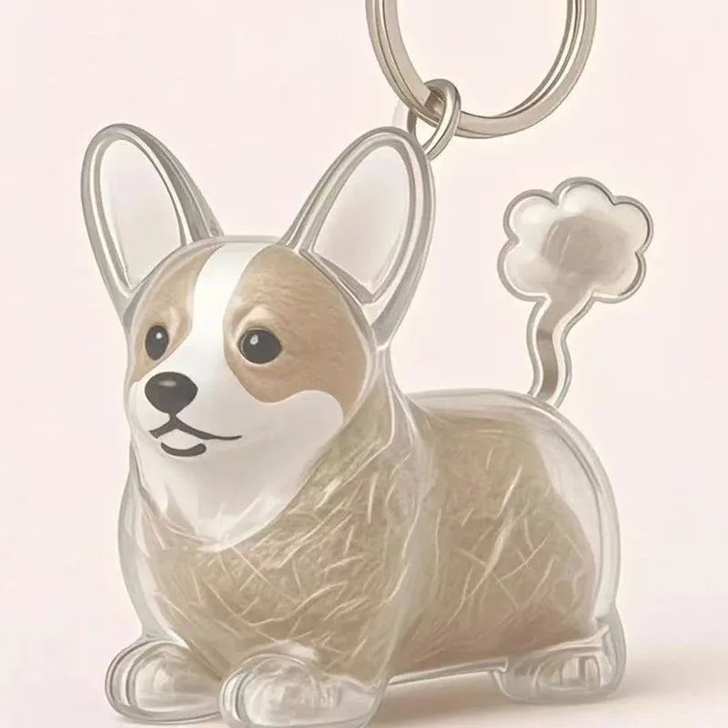 Klares Harzkeychain mit Hundegesicht in Tan und Weiß.
