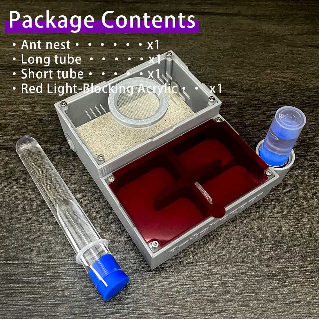 Package contents for an ant observation farm including an ant nest, long tube, short tube, and red light-blocking acrylic.