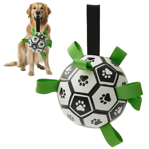 A green and black durable dog tug toy soccer ball with a black strap.