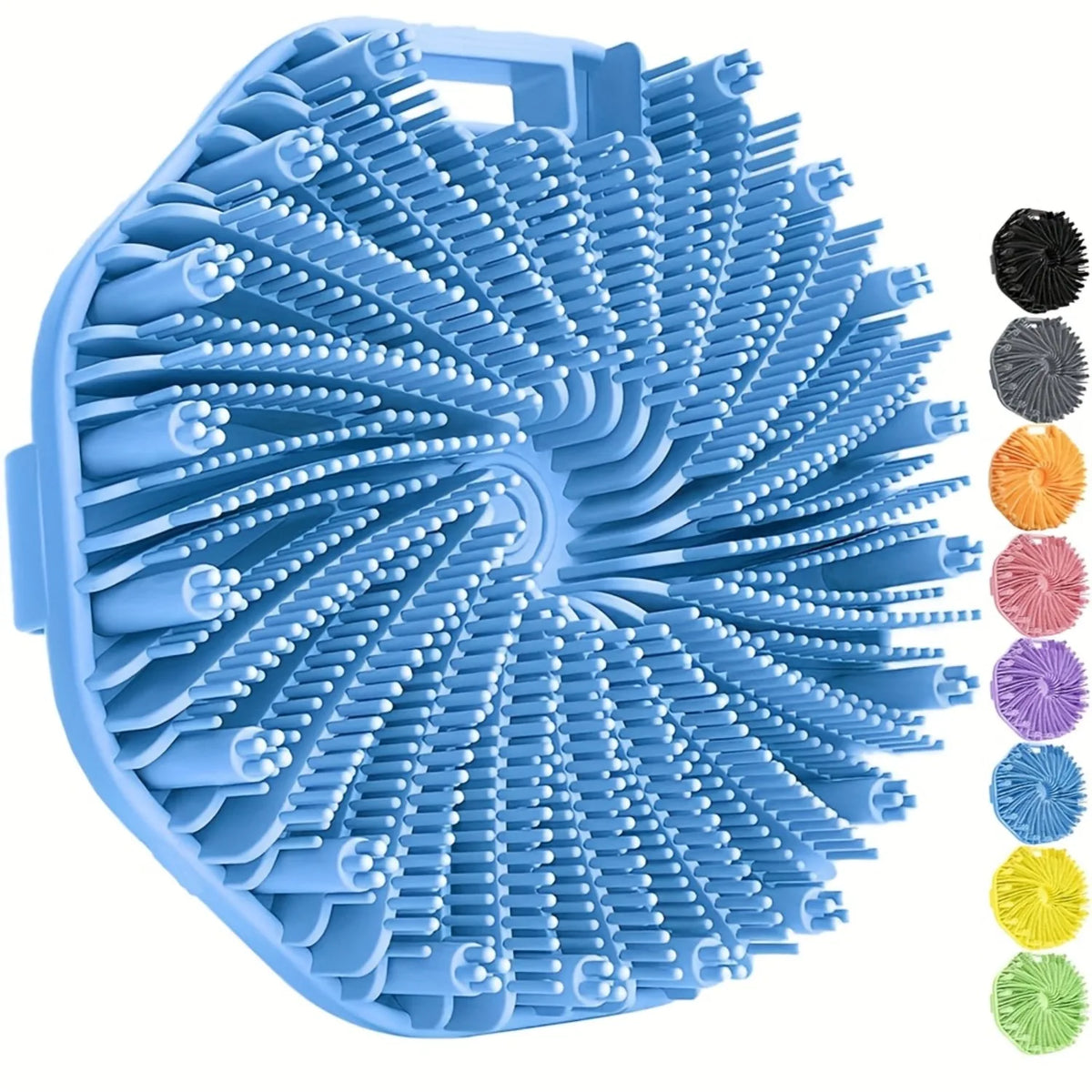 A blue silicone exfoliating brush with numerous bristles arranged radially, showing various sizes of exfoliation tips.