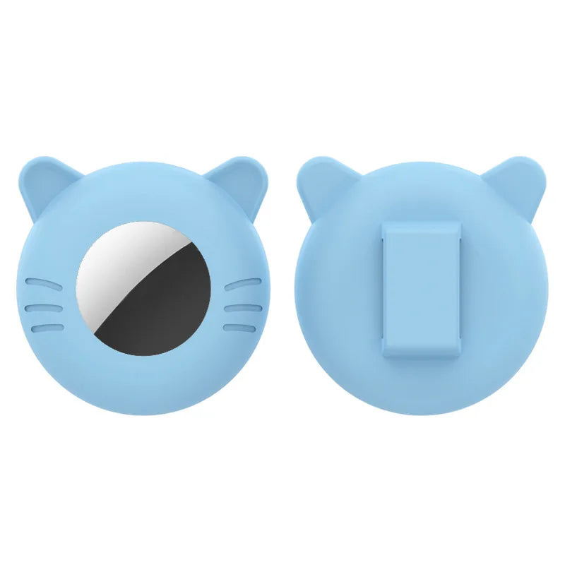 A pair of light blue silicone collar holders designed for cats and small dogs, featuring a circular opening and a rectangular
