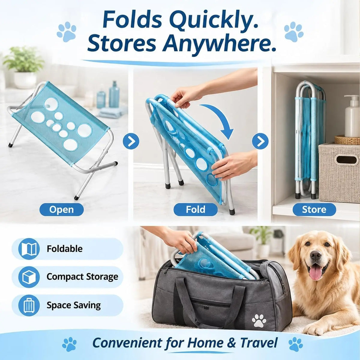 A blue foldable pet grooming hammock being folded and stored in a portable storage bag.