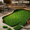 A green pet grass mat is shown on a wooden surface, demonstrating its texture and fit for pet crates.