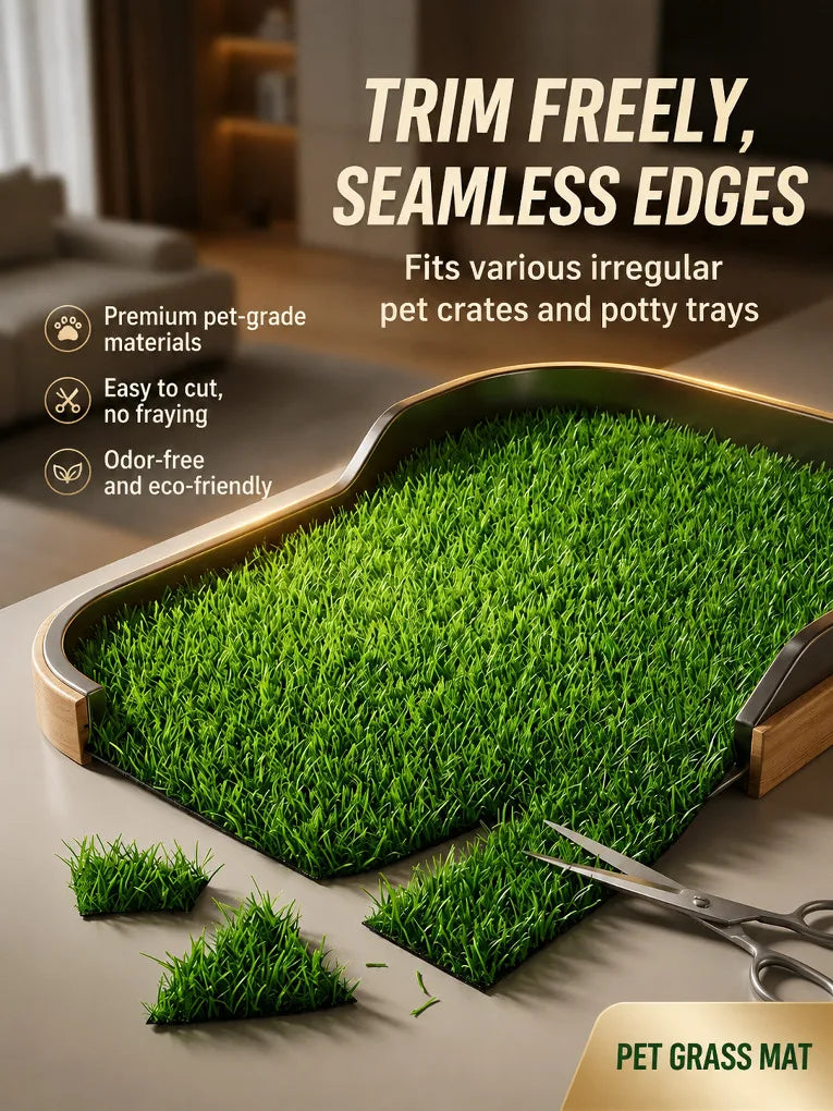 A green pet grass mat is shown on a wooden surface, demonstrating its texture and fit for pet crates.