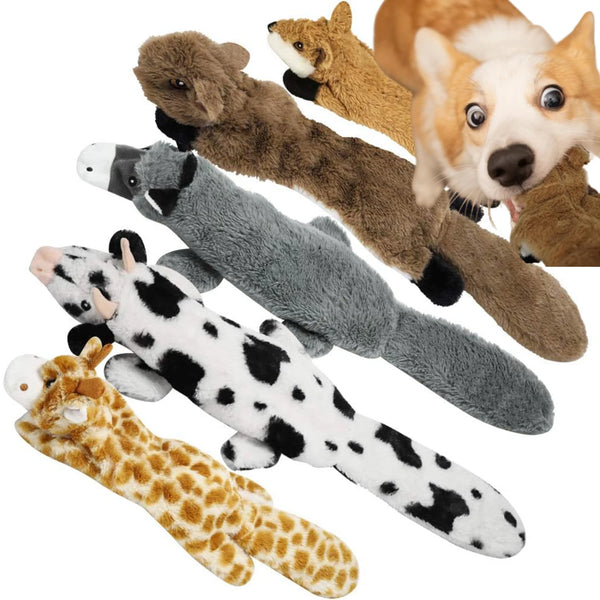 A collection of multi-style squeaky dog toys featuring various fur textures and patterns.