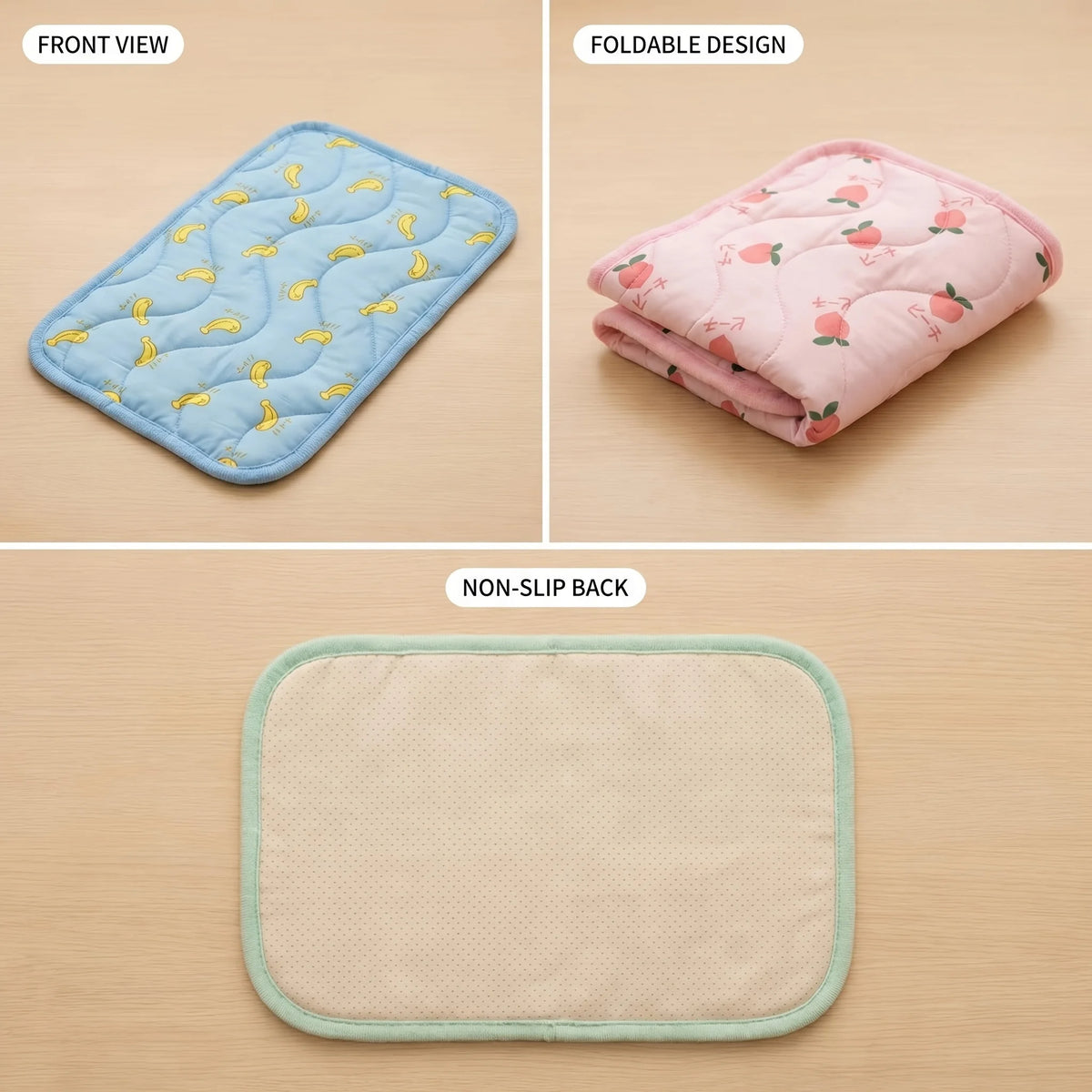 A self-cooling pet mat for dogs and cats shown in front view, foldable design, and non-slip back.