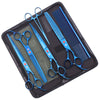 A black case containing a pair of blue stainless steel pet grooming scissors and a grooming comb.