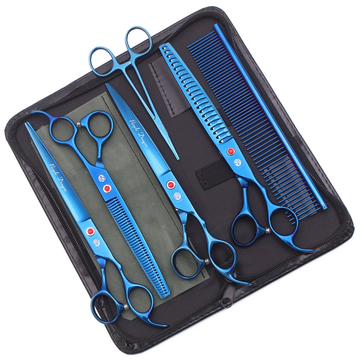 A black case containing a pair of blue stainless steel pet grooming scissors and a grooming comb.