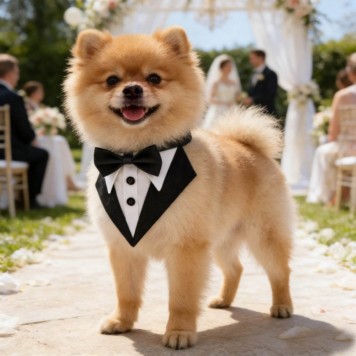 A fluffy light brown dog wearing a black tuxedo bowtie and bandana walking outdoors during a wedding ceremony.