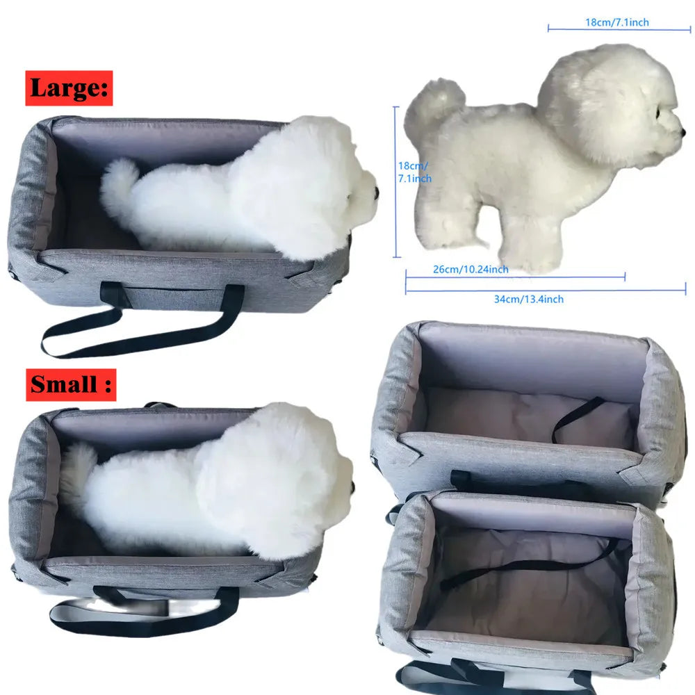 Portables Hundesitzbett für kleine Tiere in großen und kleinen Größen mit weißen, flauschigen Puppenhunden.