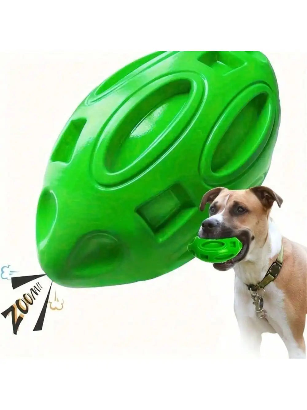 A dog is chewing a bright green indestructible squeaky rugby ball chew toy.
