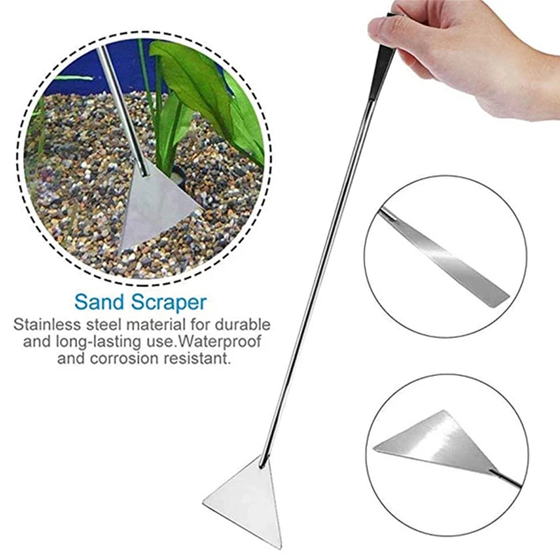 A stainless steel sand scraper tool with a long handle and a triangular blade is shown alongside close-up views of the tool.