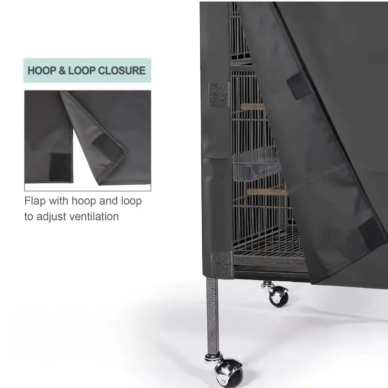 A close-up view of a black bird cage cover featuring a hoop and loop closure system for ventilation adjustment.