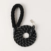 Black reflective nylon dog leash with a padded handle and swivel clasp coiled on a white background.