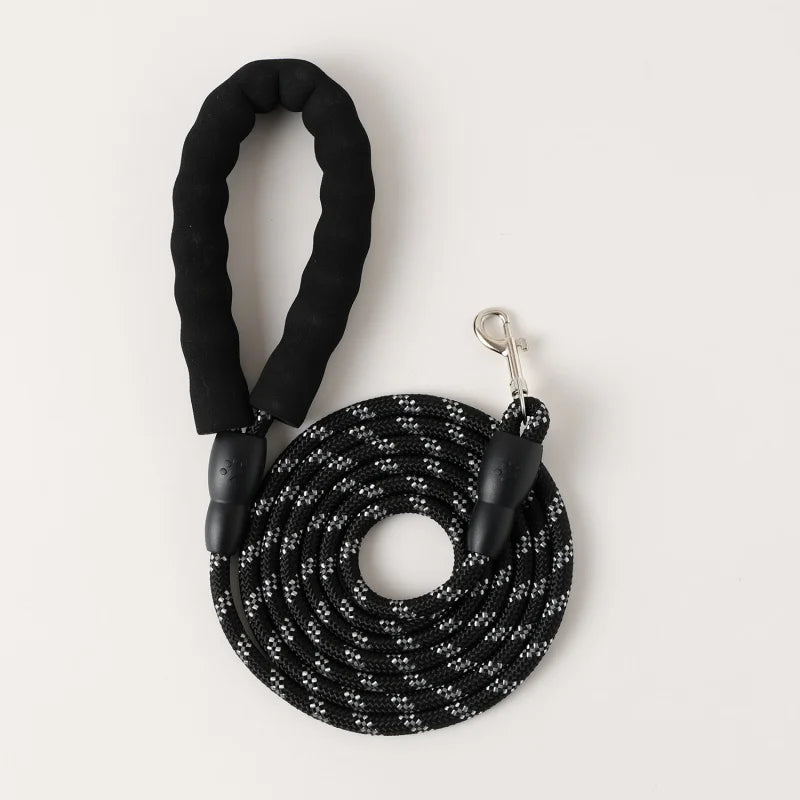 Black reflective nylon dog leash with a padded handle and swivel clasp coiled on a white background.