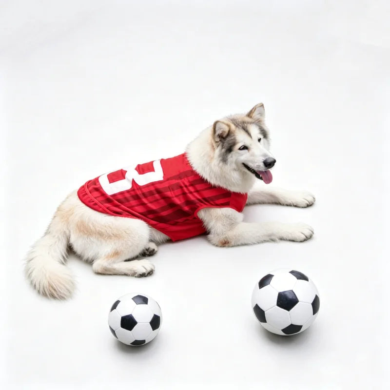 Un chien blanc et duveteux portant un gilet à rayures rouges et blanches, allongé à côté d'un ballon de football.