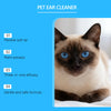 A close-up photo of a cat looking directly at the camera, positioned next to information about a pet ear cleaner.