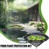 A black floating plant protection net is shown in the foreground, with a traditional Japanese garden and pond in the backgrou