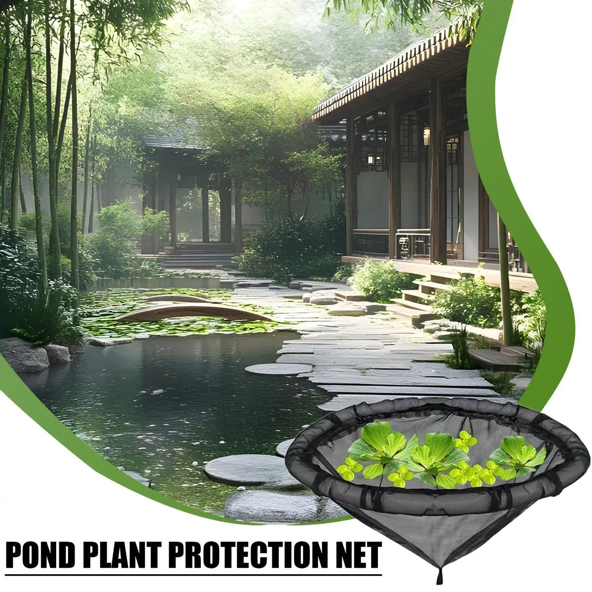A black floating plant protection net is shown in the foreground, with a traditional Japanese garden and pond in the backgrou