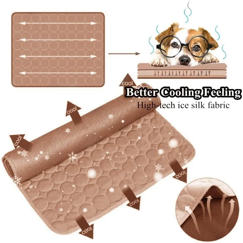 A rolled ice silk fabric pet mat used for cooling and comfort.