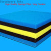 A blue sponge filter with black and yellow stripes is shown on a light blue background.