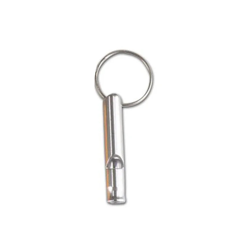 Silver metal whistle with a circular loop for parrot training.