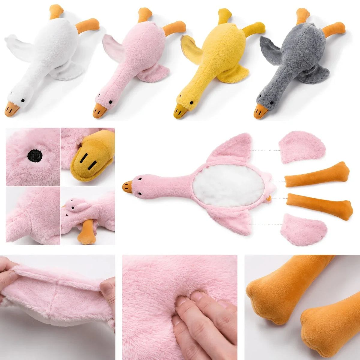 Various soft plush duck toys in white, pink, yellow, and gray colors shown from different angles.