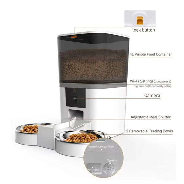 A white smart pet feeder device showing various components including a food container, camera, and feeding bowls.