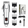 A grooming kit for pet hair featuring a silver clipper, multiple combs, and an attachment.