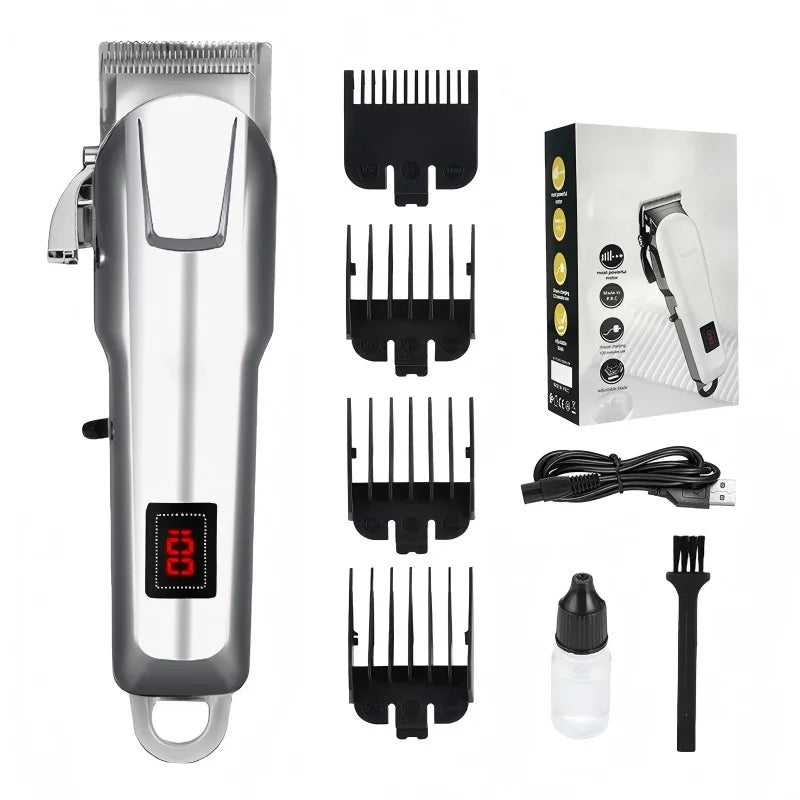 A grooming kit for pet hair featuring a silver clipper, multiple combs, and an attachment.