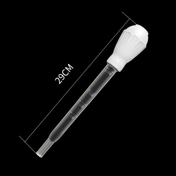 A white extendable aquarium water siphon with a clear tube and a white nozzle, shown against a black background.
