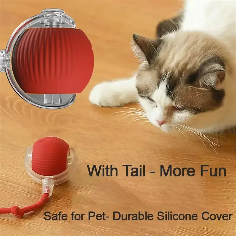 A red silicone pet toy ball with a cover and tail attachment shown next to a cat.
