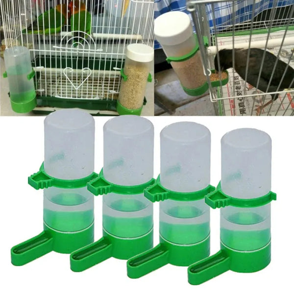 A set of four green automatic bird waterer and feeder components with clear plastic containers.
