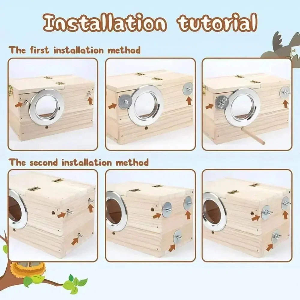 Installation tutorial showing two methods for installing a wooden bird nesting box with a viewing panel